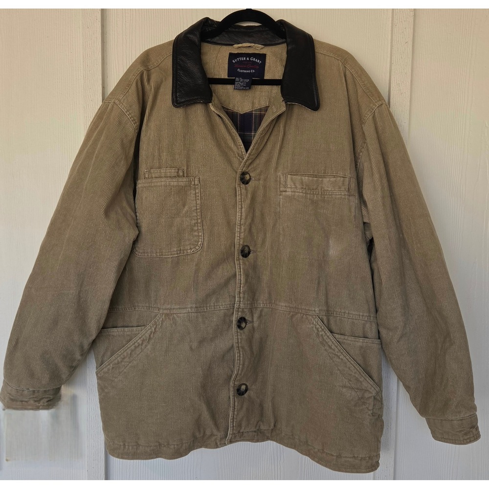 Vintage Tan Corduroy Barn Jacket Chore Coat 2X Leather Collar Quilted Lining